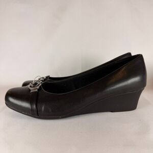 Yiu Black Faux Leather Wedge Heel Shoes Women's Size 11